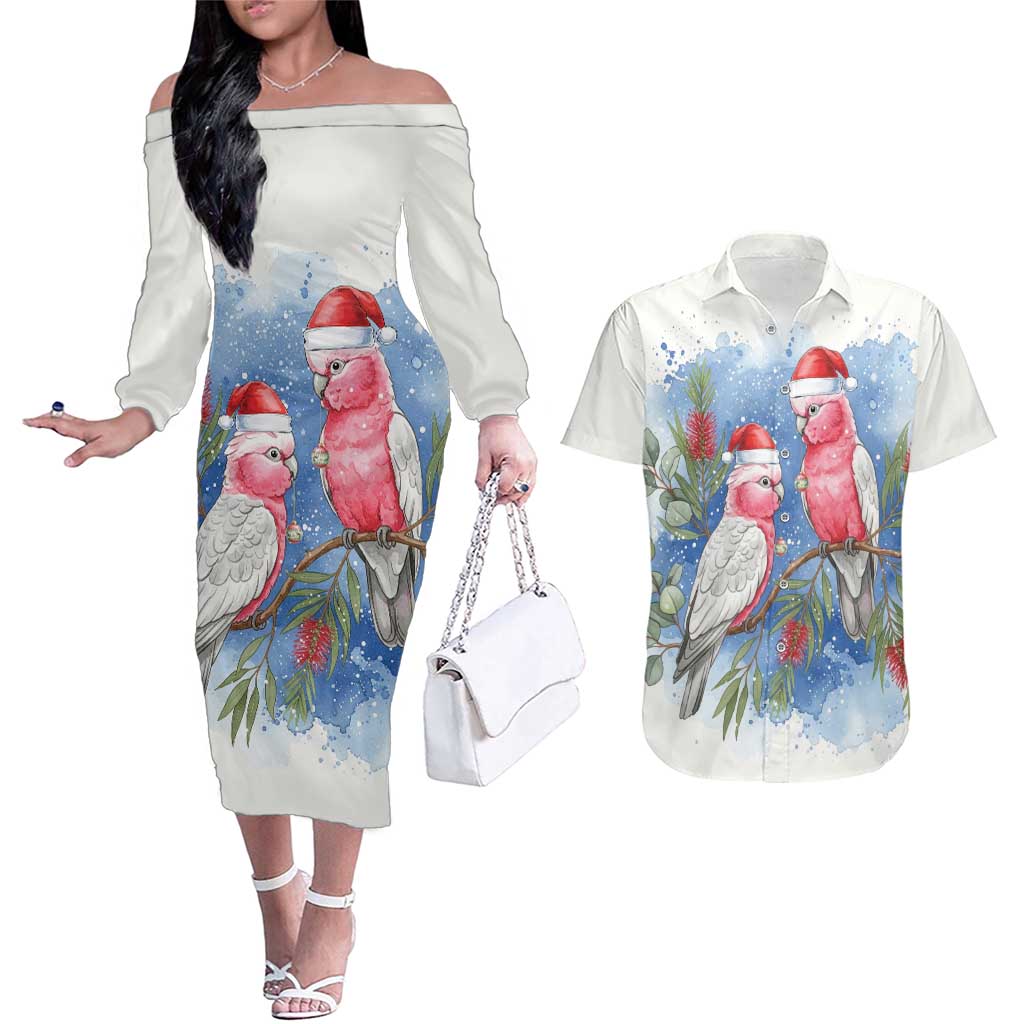 Australia Christmas Couples Matching Off The Shoulder Long Sleeve Dress and Hawaiian Shirt Aussie Galah Santa Watercolor Style - Aussie Hoodie