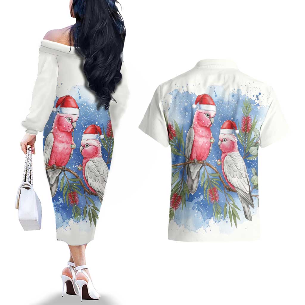 Australia Christmas Couples Matching Off The Shoulder Long Sleeve Dress and Hawaiian Shirt Aussie Galah Santa Watercolor Style - Aussie Hoodie