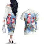 Australia Christmas Couples Matching Off The Shoulder Long Sleeve Dress and Hawaiian Shirt Aussie Galah Santa Watercolor Style - Aussie Hoodie