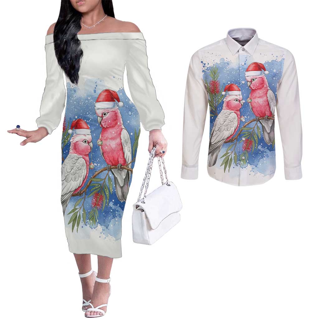 Australia Christmas Couples Matching Off The Shoulder Long Sleeve Dress and Long Sleeve Button Shirt Aussie Galah Santa Watercolor Style - Aussie Hoodie