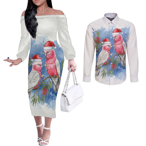 Australia Christmas Couples Matching Off The Shoulder Long Sleeve Dress and Long Sleeve Button Shirt Aussie Galah Santa Watercolor Style - Aussie Hoodie