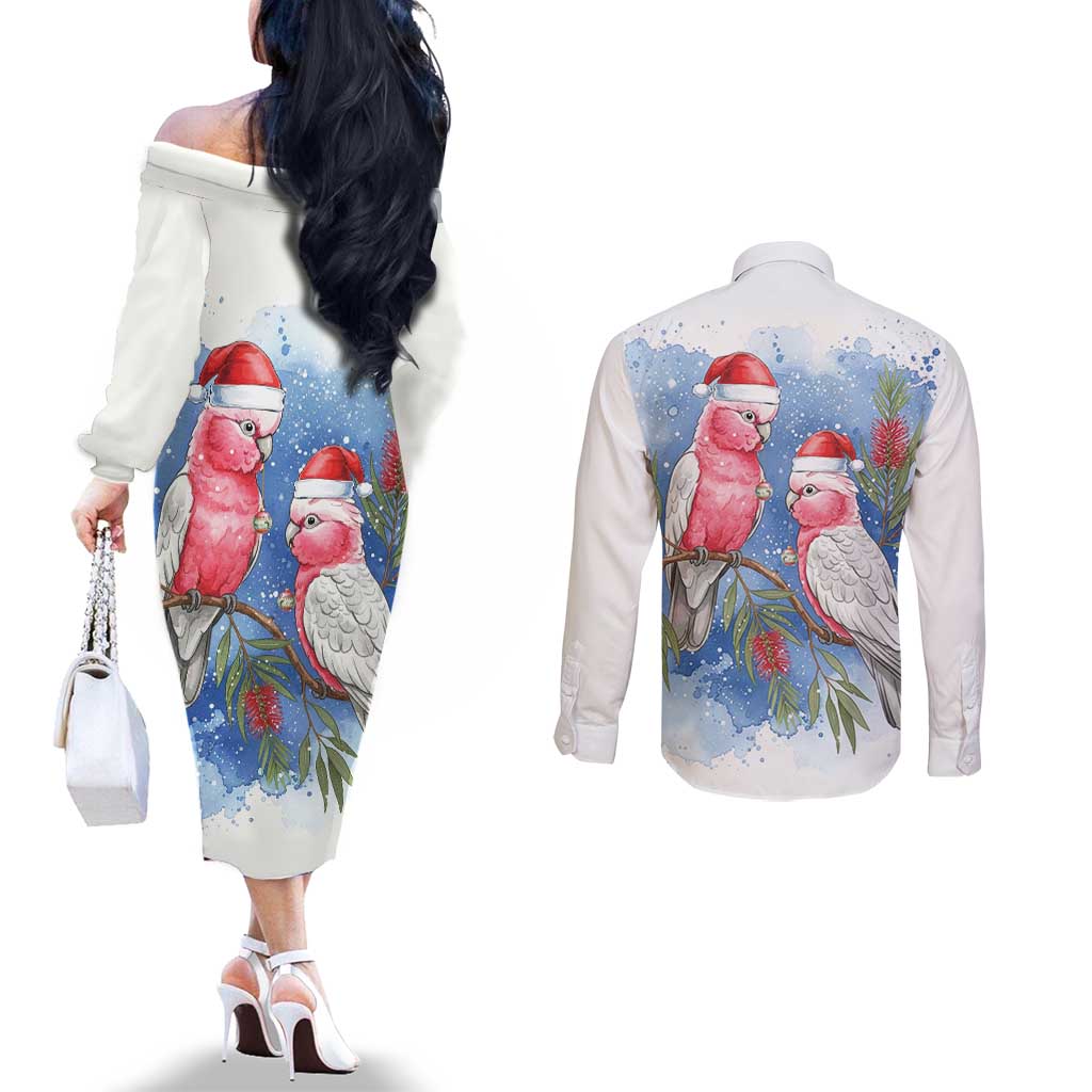 Australia Christmas Couples Matching Off The Shoulder Long Sleeve Dress and Long Sleeve Button Shirt Aussie Galah Santa Watercolor Style - Aussie Hoodie