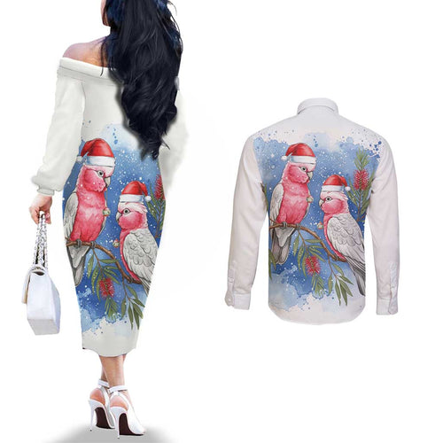 Australia Christmas Couples Matching Off The Shoulder Long Sleeve Dress and Long Sleeve Button Shirt Aussie Galah Santa Watercolor Style - Aussie Hoodie