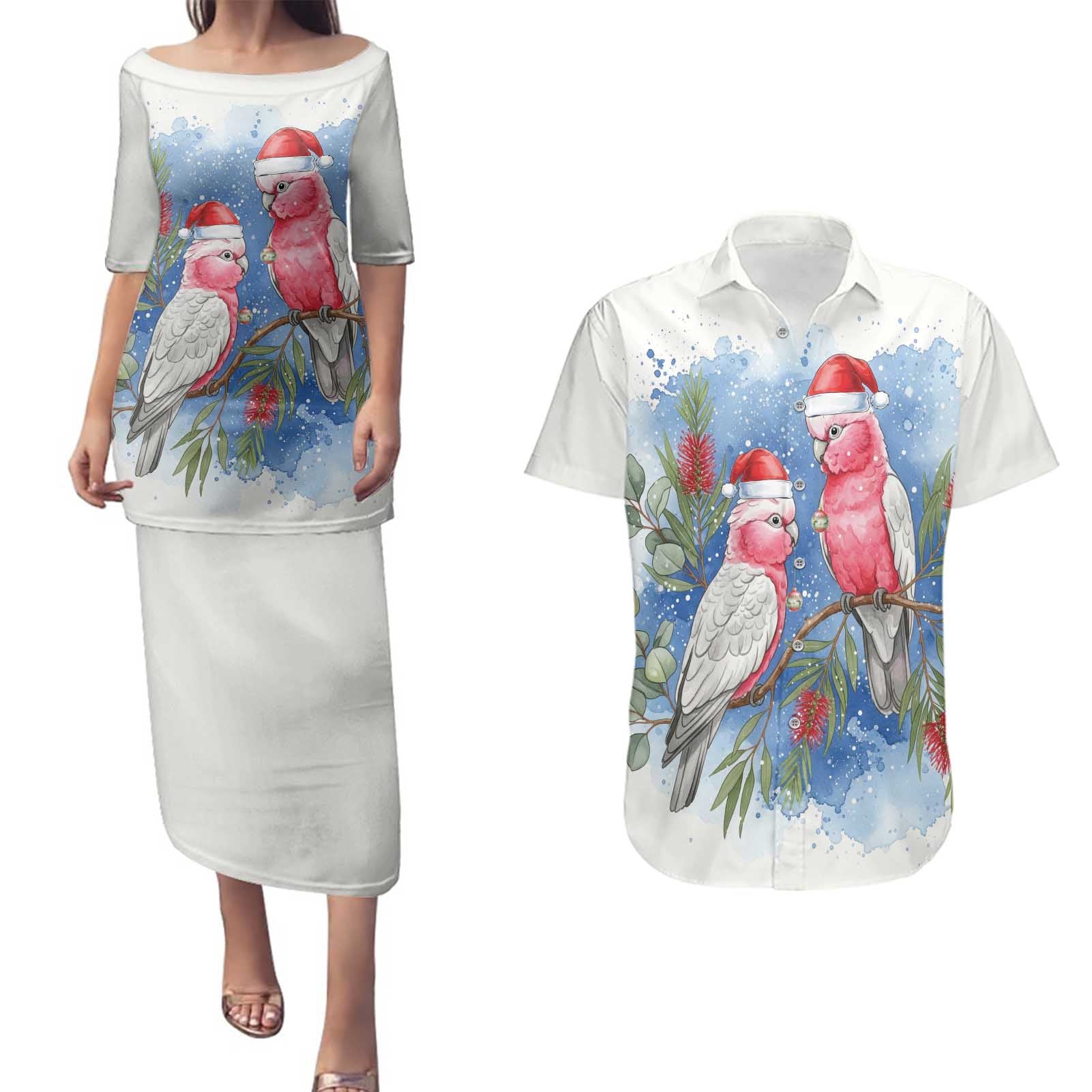 Australia Christmas Couples Matching Puletasi and Hawaiian Shirt Aussie Galah Santa Watercolor Style - Aussie Hoodie