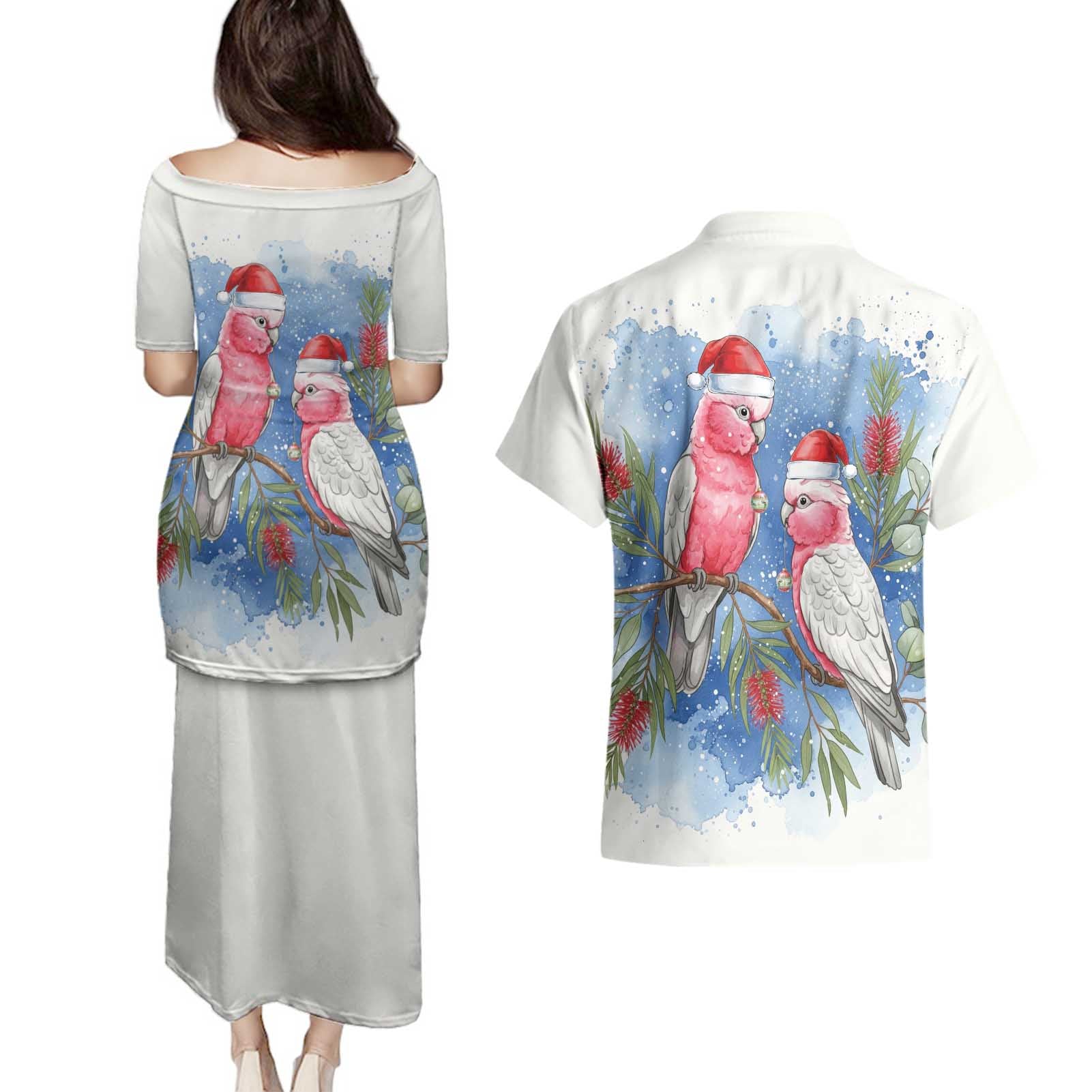 Australia Christmas Couples Matching Puletasi and Hawaiian Shirt Aussie Galah Santa Watercolor Style - Aussie Hoodie