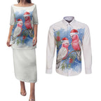Australia Christmas Couples Matching Puletasi and Long Sleeve Button Shirt Aussie Galah Santa Watercolor Style - Aussie Hoodie