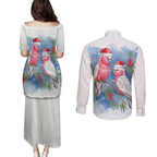 Australia Christmas Couples Matching Puletasi and Long Sleeve Button Shirt Aussie Galah Santa Watercolor Style - Aussie Hoodie