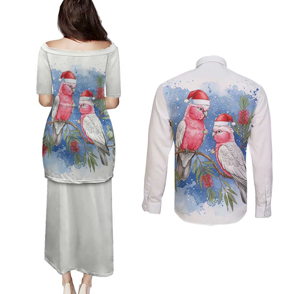 Australia Christmas Couples Matching Puletasi and Long Sleeve Button Shirt Aussie Galah Santa Watercolor Style - Aussie Hoodie