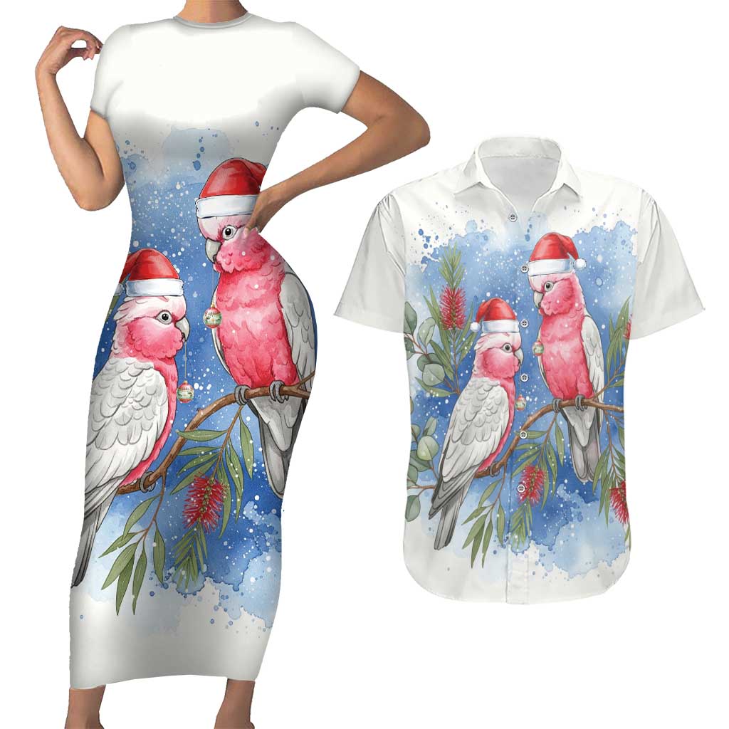Australia Christmas Couples Matching Short Sleeve Bodycon Dress and Hawaiian Shirt Aussie Galah Santa Watercolor Style - Aussie Hoodie