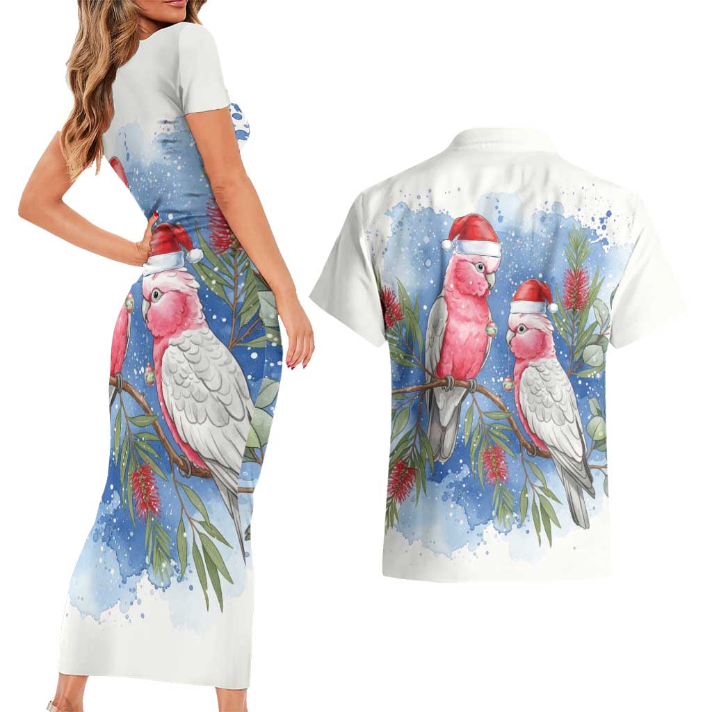 Australia Christmas Couples Matching Short Sleeve Bodycon Dress and Hawaiian Shirt Aussie Galah Santa Watercolor Style - Aussie Hoodie