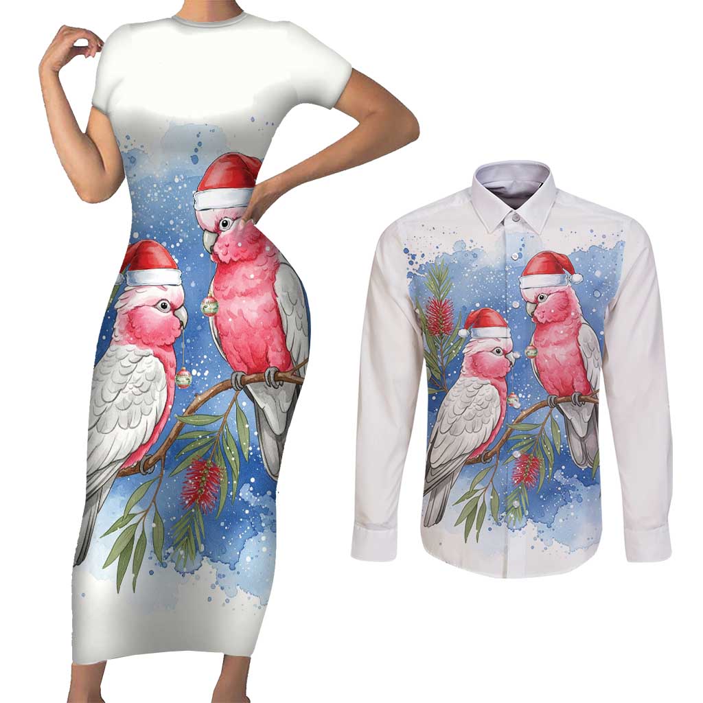 Australia Christmas Couples Matching Short Sleeve Bodycon Dress and Long Sleeve Button Shirt Aussie Galah Santa Watercolor Style - Aussie Hoodie