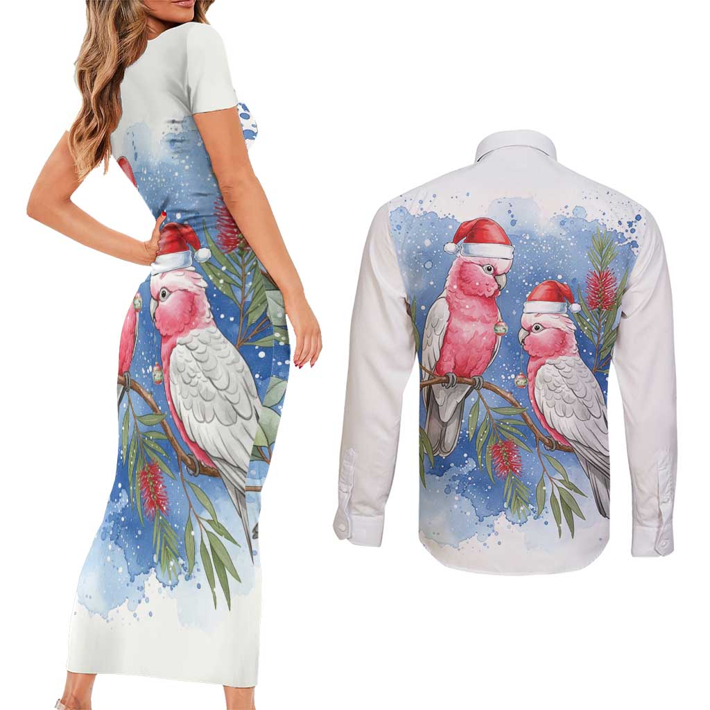 Australia Christmas Couples Matching Short Sleeve Bodycon Dress and Long Sleeve Button Shirt Aussie Galah Santa Watercolor Style - Aussie Hoodie