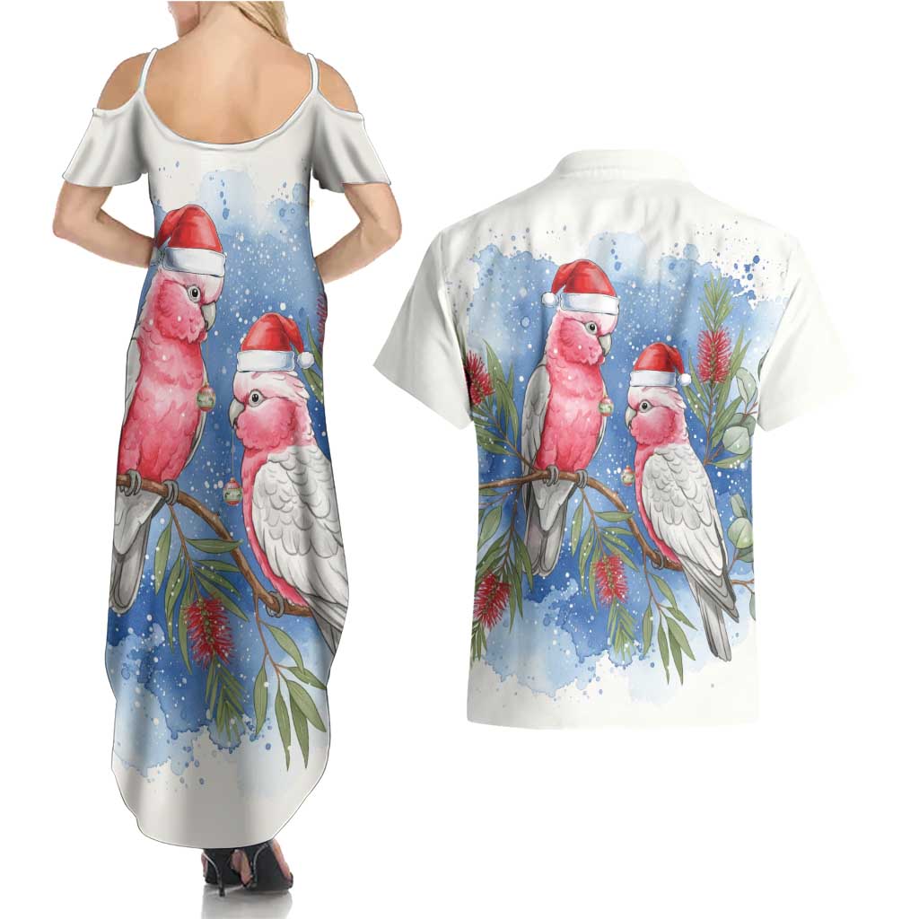Australia Christmas Couples Matching Summer Maxi Dress and Hawaiian Shirt Aussie Galah Santa Watercolor Style - Aussie Hoodie