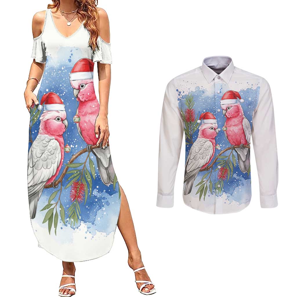 Australia Christmas Couples Matching Summer Maxi Dress and Long Sleeve Button Shirt Aussie Galah Santa Watercolor Style - Aussie Hoodie