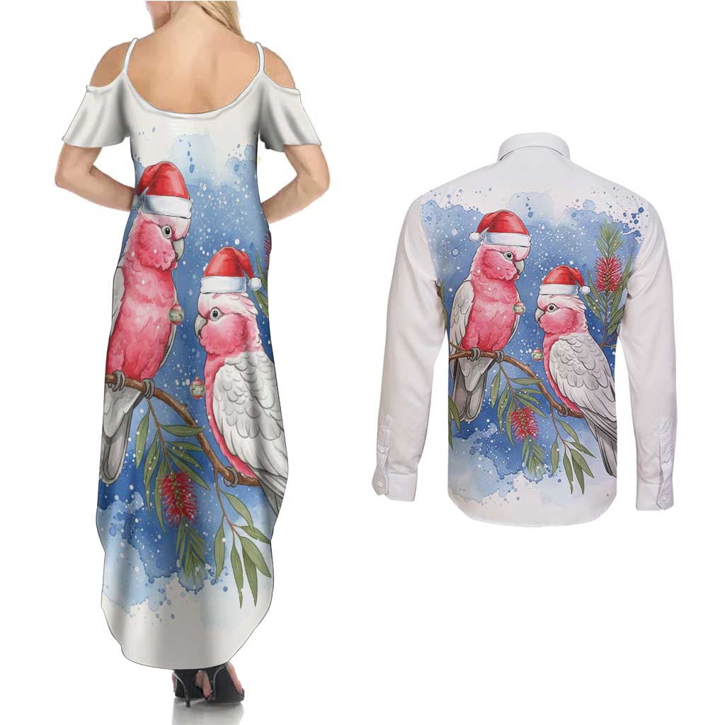 Australia Christmas Couples Matching Summer Maxi Dress and Long Sleeve Button Shirt Aussie Galah Santa Watercolor Style - Aussie Hoodie