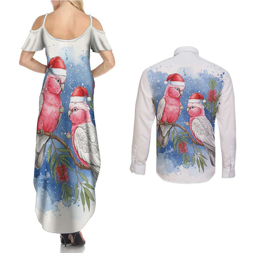 Australia Christmas Couples Matching Summer Maxi Dress and Long Sleeve Button Shirt Aussie Galah Santa Watercolor Style - Aussie Hoodie