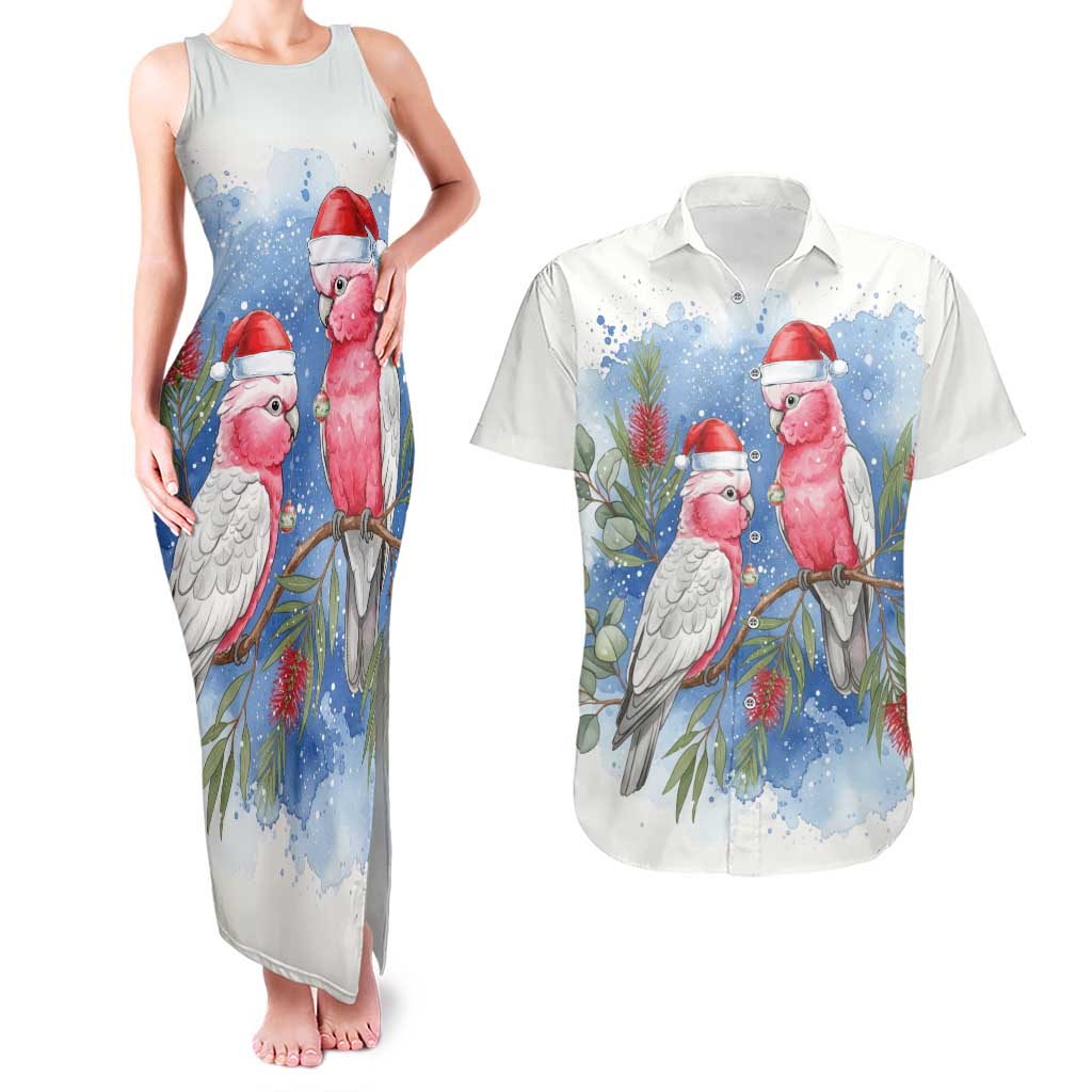 Australia Christmas Couples Matching Tank Maxi Dress and Hawaiian Shirt Aussie Galah Santa Watercolor Style - Aussie Hoodie