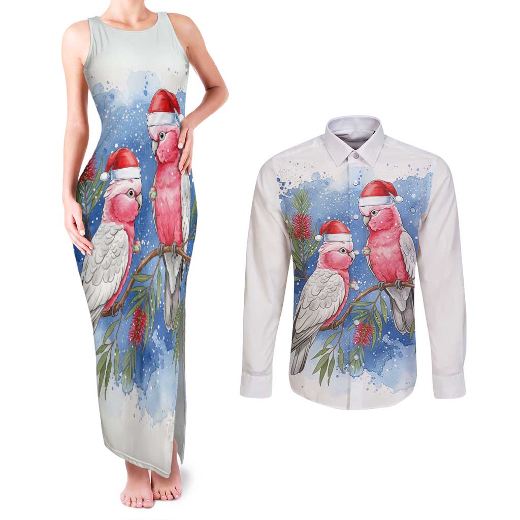 Australia Christmas Couples Matching Tank Maxi Dress and Long Sleeve Button Shirt Aussie Galah Santa Watercolor Style - Aussie Hoodie