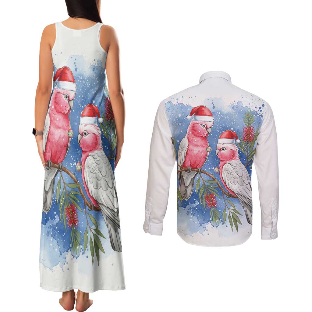 Australia Christmas Couples Matching Tank Maxi Dress and Long Sleeve Button Shirt Aussie Galah Santa Watercolor Style - Aussie Hoodie