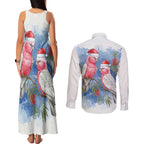 Australia Christmas Couples Matching Tank Maxi Dress and Long Sleeve Button Shirt Aussie Galah Santa Watercolor Style - Aussie Hoodie