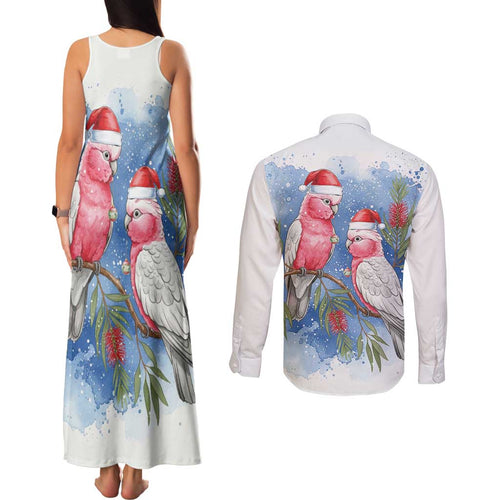 Australia Christmas Couples Matching Tank Maxi Dress and Long Sleeve Button Shirt Aussie Galah Santa Watercolor Style - Aussie Hoodie