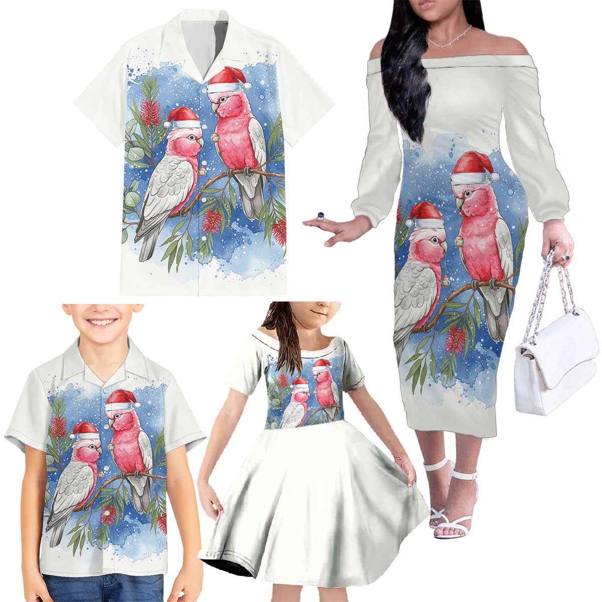 Australia Christmas Family Matching Off The Shoulder Long Sleeve Dress and Hawaiian Shirt Aussie Galah Santa Watercolor Style - Aussie Hoodie