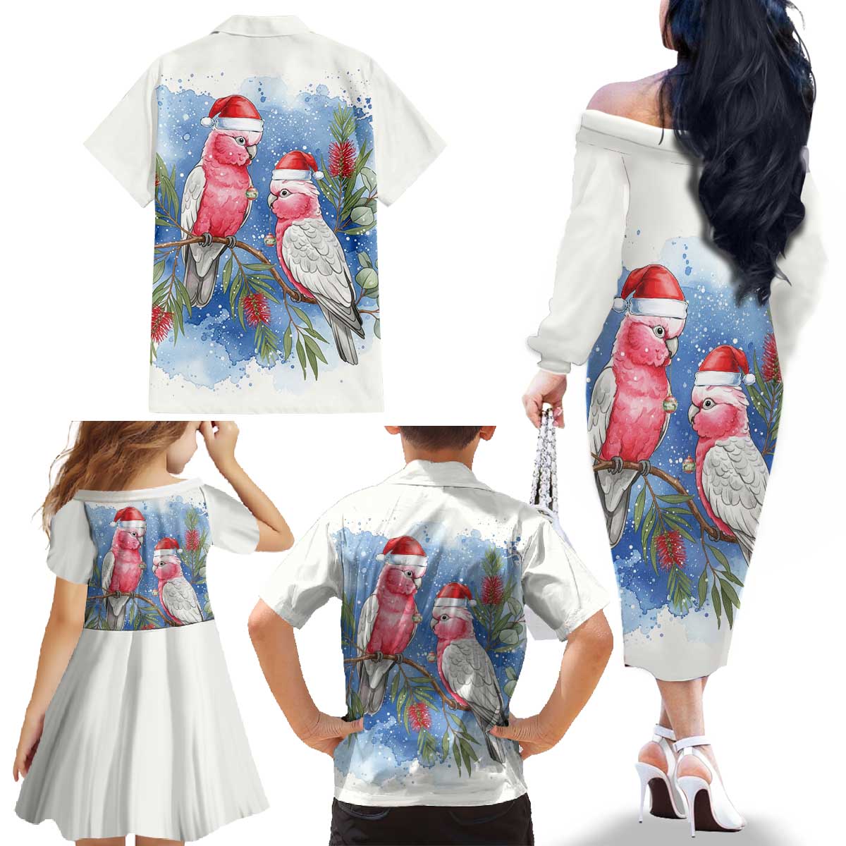 Australia Christmas Family Matching Off The Shoulder Long Sleeve Dress and Hawaiian Shirt Aussie Galah Santa Watercolor Style - Aussie Hoodie