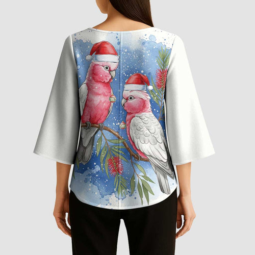 Australia Christmas Kimono Sleeve Blouse Aussie Galah Santa Watercolor Style - Aussie Hoodie