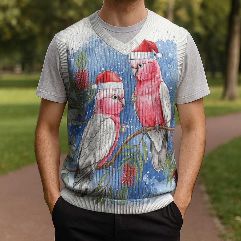 Australia Christmas Knitted V-Neck Vest Aussie Galah Santa Watercolor Style - Aussie Hoodie