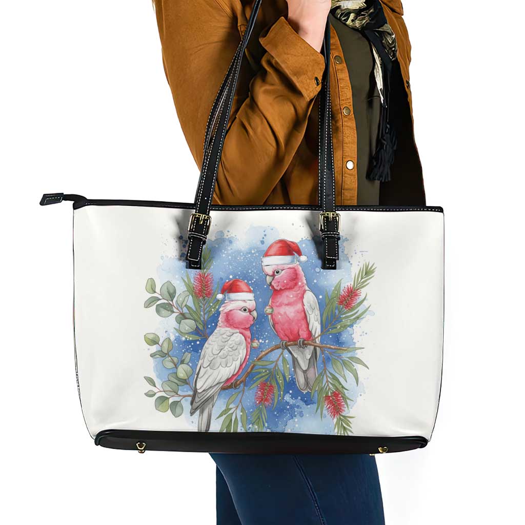 Australia Christmas Leather Tote Bag Aussie Galah Santa Watercolor Style - Aussie Hoodie