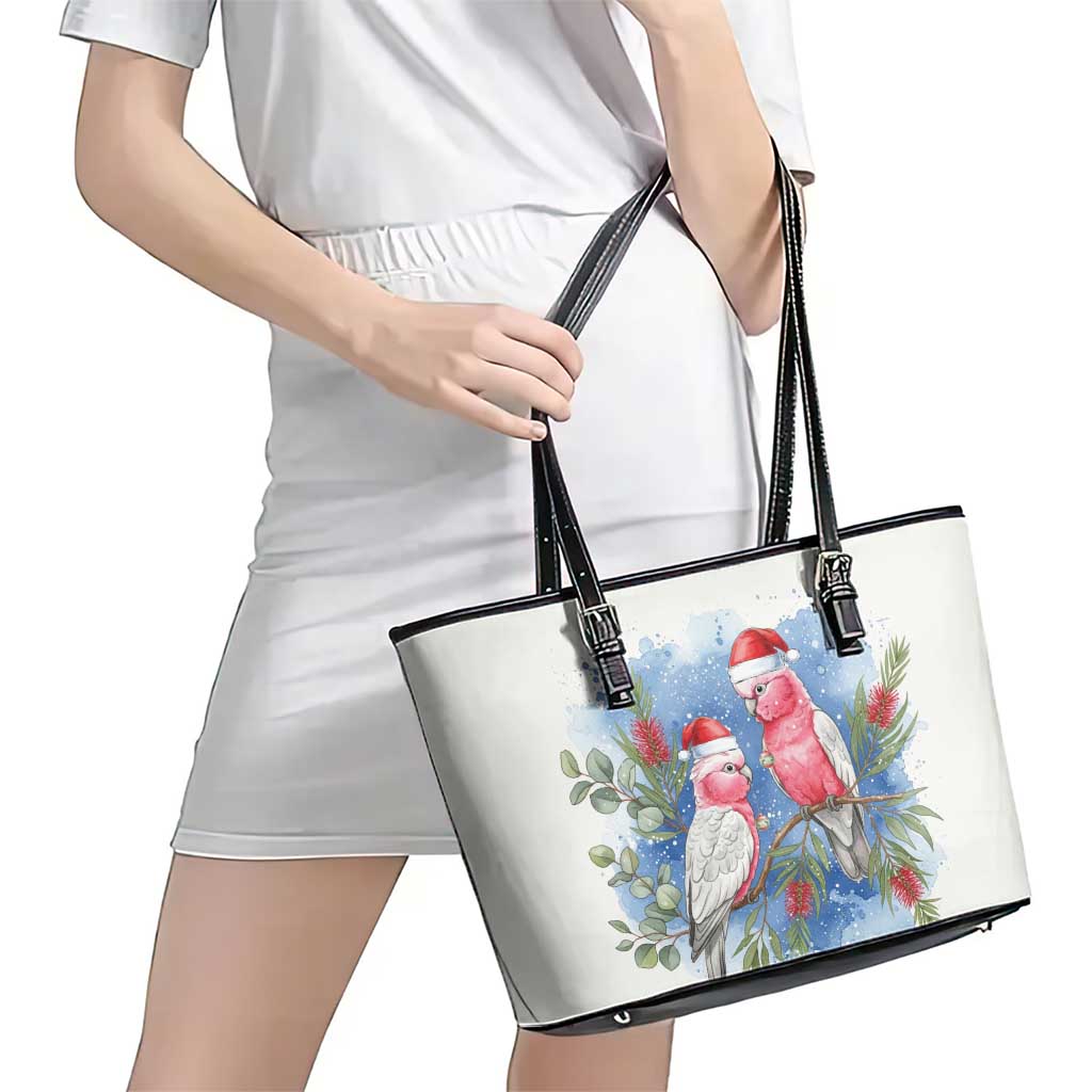 Australia Christmas Leather Tote Bag Aussie Galah Santa Watercolor Style - Aussie Hoodie