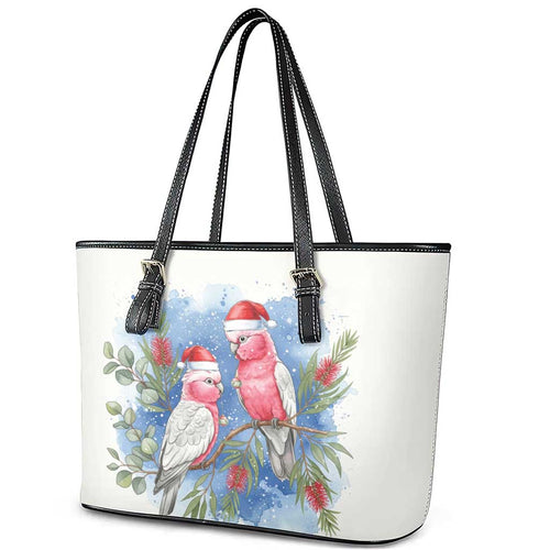 Australia Christmas Leather Tote Bag Aussie Galah Santa Watercolor Style - Aussie Hoodie