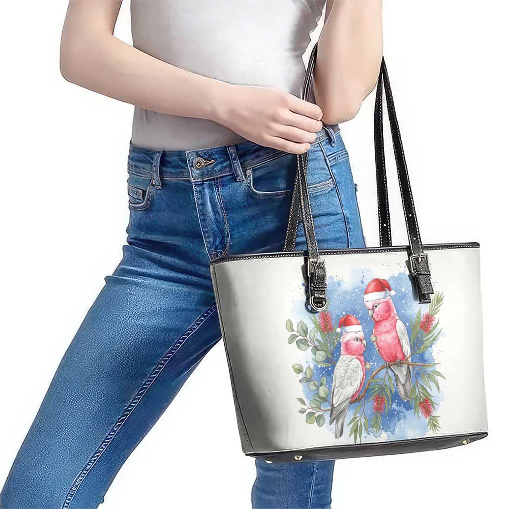 Australia Christmas Leather Tote Bag Aussie Galah Santa Watercolor Style - Aussie Hoodie