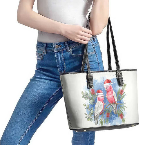 Australia Christmas Leather Tote Bag Aussie Galah Santa Watercolor Style - Aussie Hoodie