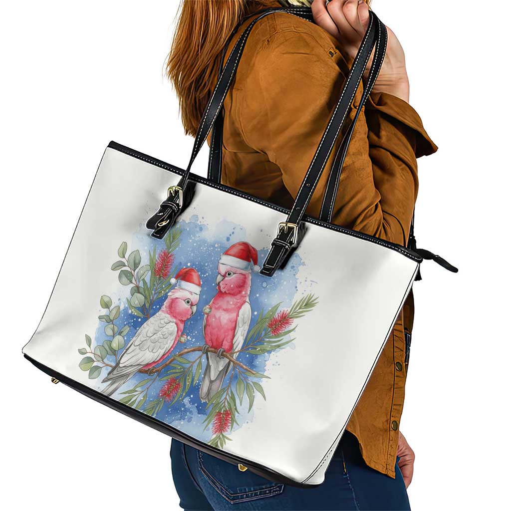 Australia Christmas Leather Tote Bag Aussie Galah Santa Watercolor Style - Aussie Hoodie
