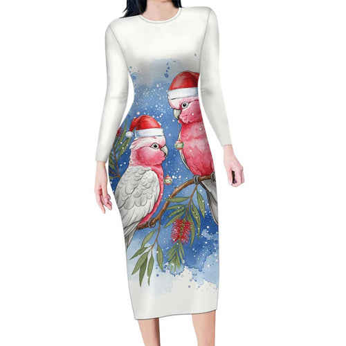 Australia Christmas Long Sleeve Bodycon Dress Aussie Galah Santa Watercolor Style - Aussie Hoodie