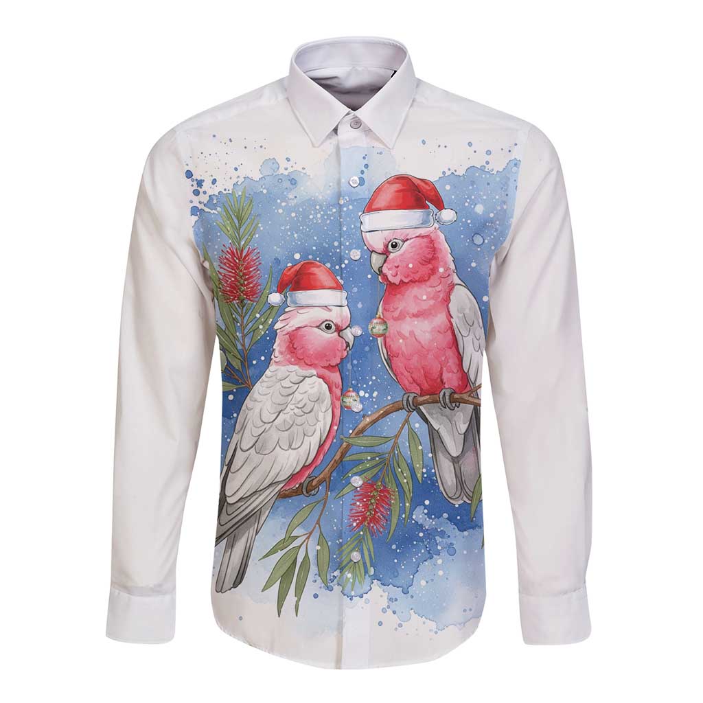 Australia Christmas Long Sleeve Button Shirt Aussie Galah Santa Watercolor Style - Aussie Hoodie