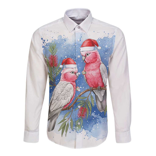 Australia Christmas Long Sleeve Button Shirt Aussie Galah Santa Watercolor Style - Aussie Hoodie
