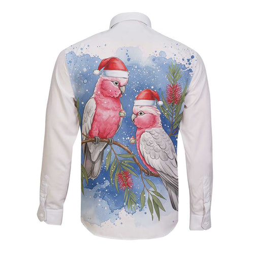 Australia Christmas Long Sleeve Button Shirt Aussie Galah Santa Watercolor Style - Aussie Hoodie