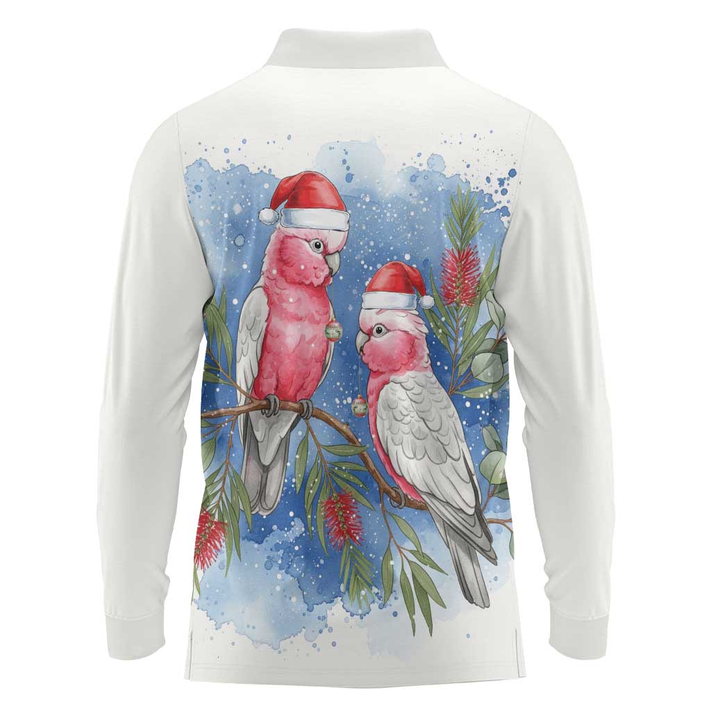 Australia Christmas Long Sleeve Polo Shirt Aussie Galah Santa Watercolor Style - Aussie Hoodie