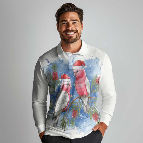Australia Christmas Long Sleeve Polo Shirt Aussie Galah Santa Watercolor Style - Aussie Hoodie