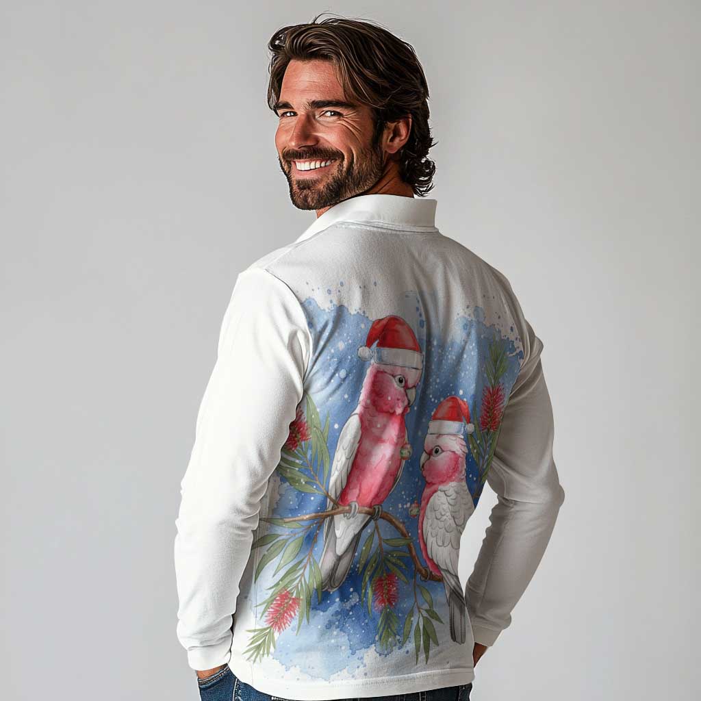Australia Christmas Long Sleeve Polo Shirt Aussie Galah Santa Watercolor Style - Aussie Hoodie
