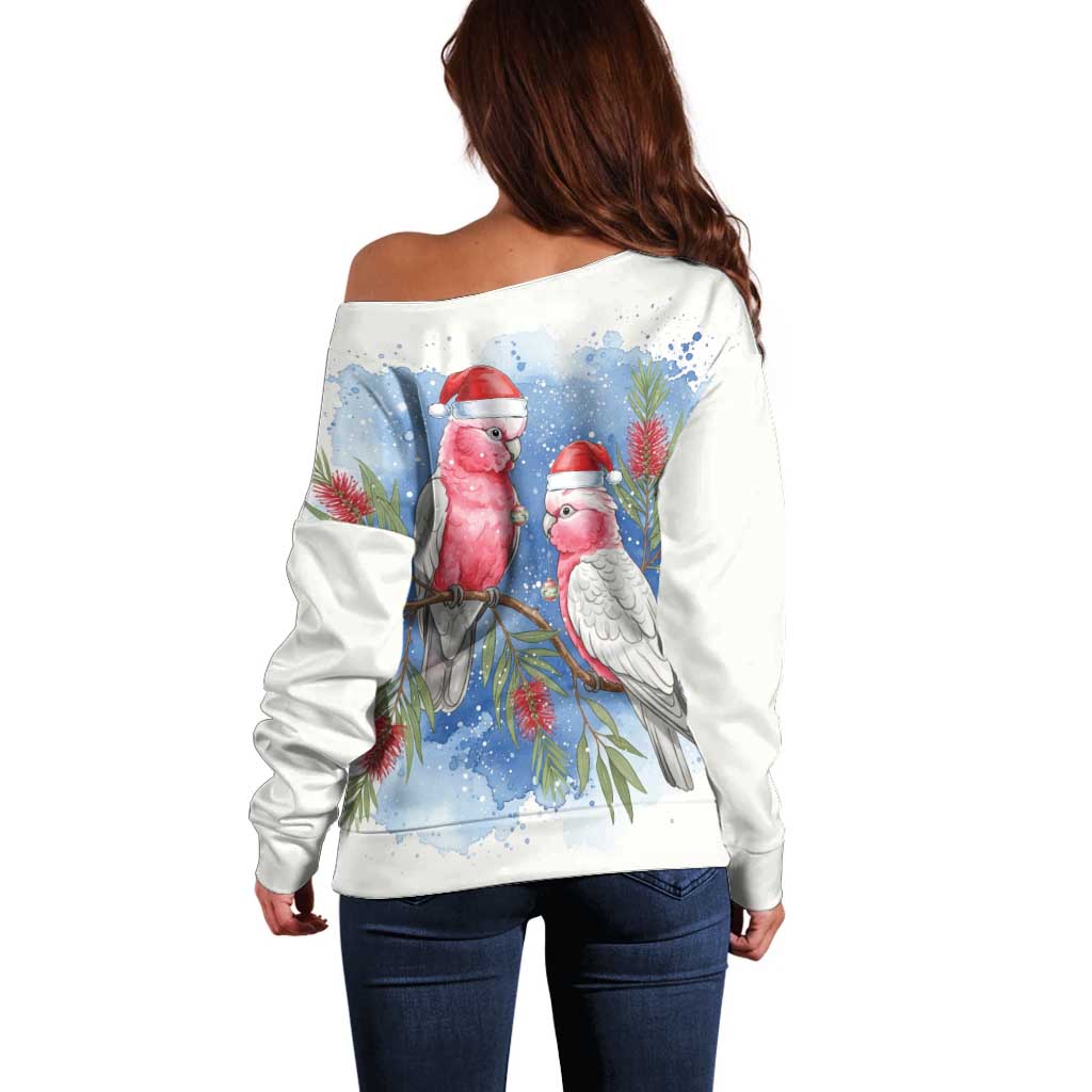 Australia Christmas Off Shoulder Sweater Aussie Galah Santa Watercolor Style - Aussie Hoodie