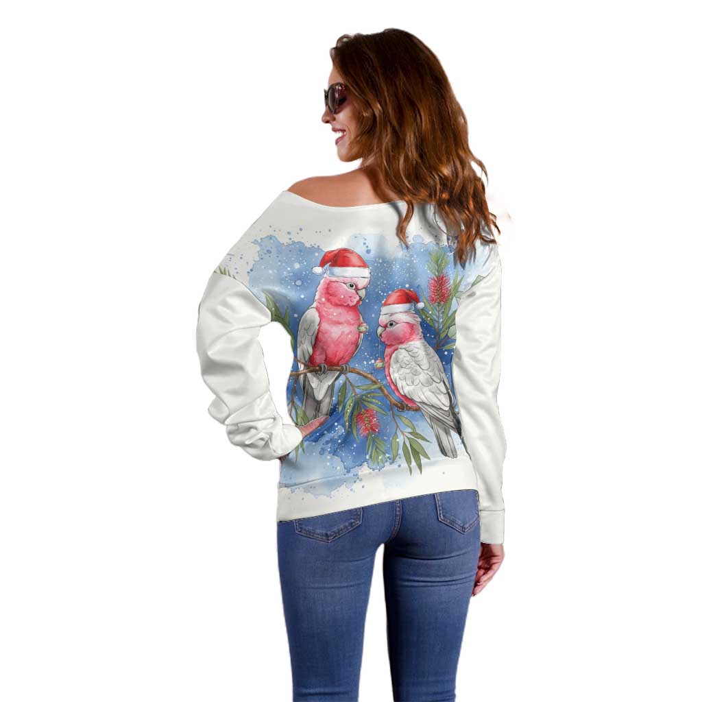 Australia Christmas Off Shoulder Sweater Aussie Galah Santa Watercolor Style - Aussie Hoodie
