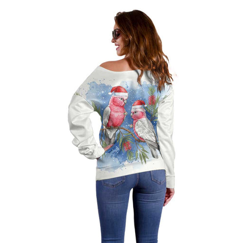 Australia Christmas Off Shoulder Sweater Aussie Galah Santa Watercolor Style - Aussie Hoodie