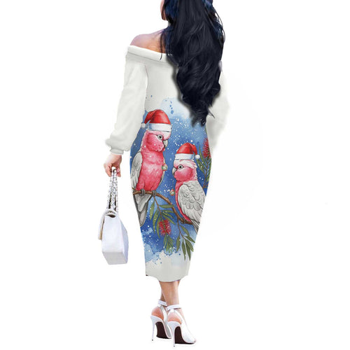 Australia Christmas Off The Shoulder Long Sleeve Dress Aussie Galah Santa Watercolor Style - Aussie Hoodie