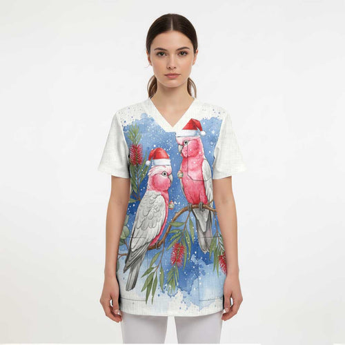 Australia Christmas Scrub Top Aussie Galah Santa Watercolor Style - Aussie Hoodie