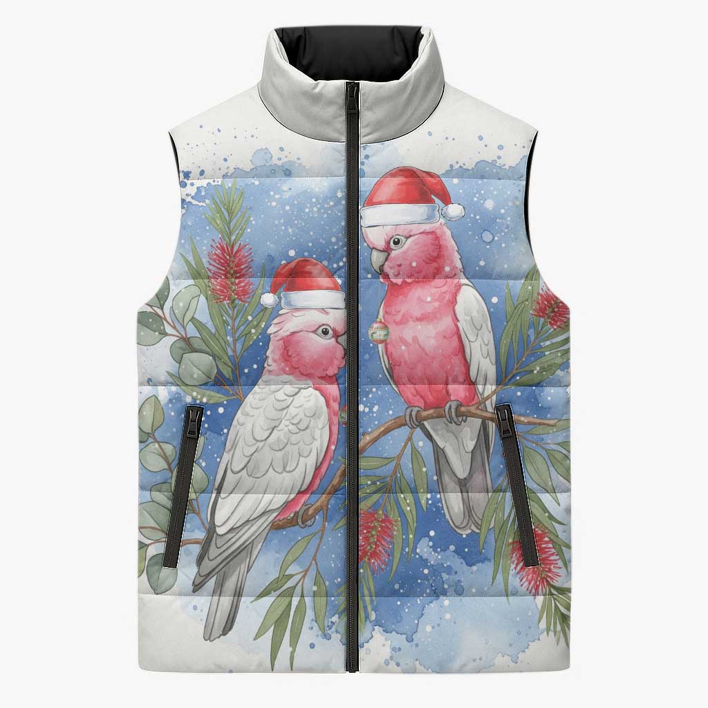 Australia Christmas Sleeveless Puffer Jacket Aussie Galah Santa Watercolor Style - Aussie Hoodie