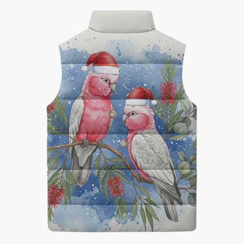 Australia Christmas Sleeveless Puffer Jacket Aussie Galah Santa Watercolor Style - Aussie Hoodie