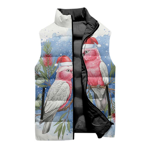 Australia Christmas Sleeveless Puffer Jacket Aussie Galah Santa Watercolor Style - Aussie Hoodie